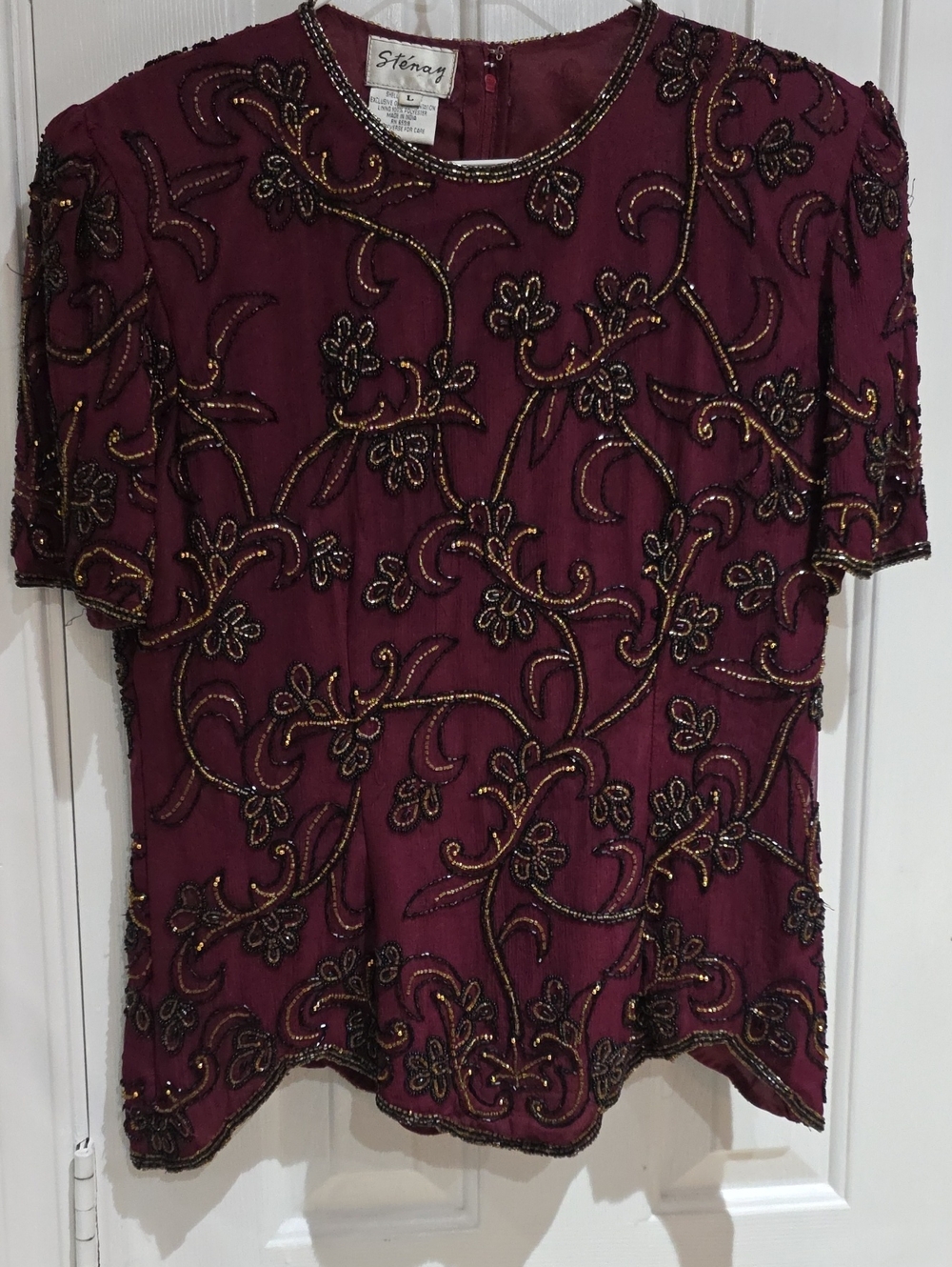 Stenay Vintage Beaded Floral Short-Sleeve Top - Burgund Y Size L